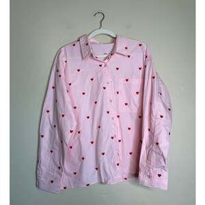 Day + Moon Pink Button Up Blouse Red Embroidered Hearts Small